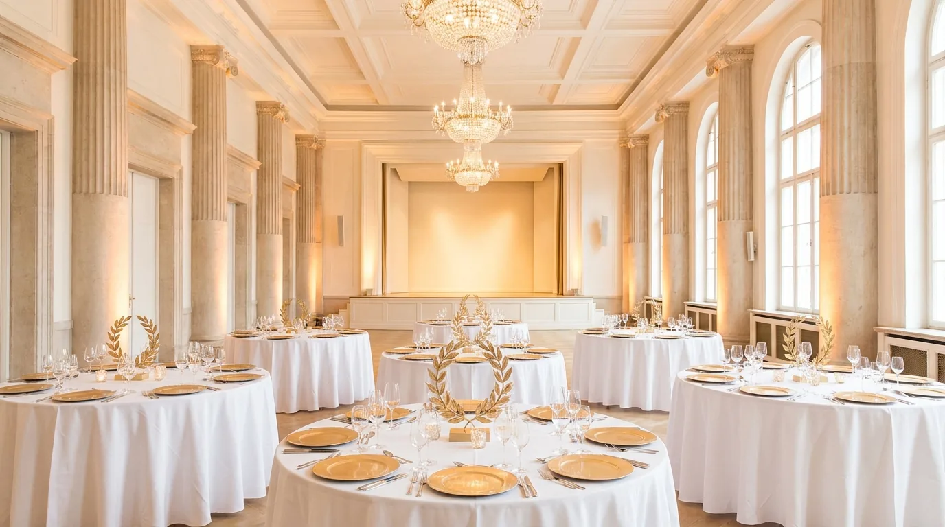 A bright ballroom set for an awards gala dinner with gold accents