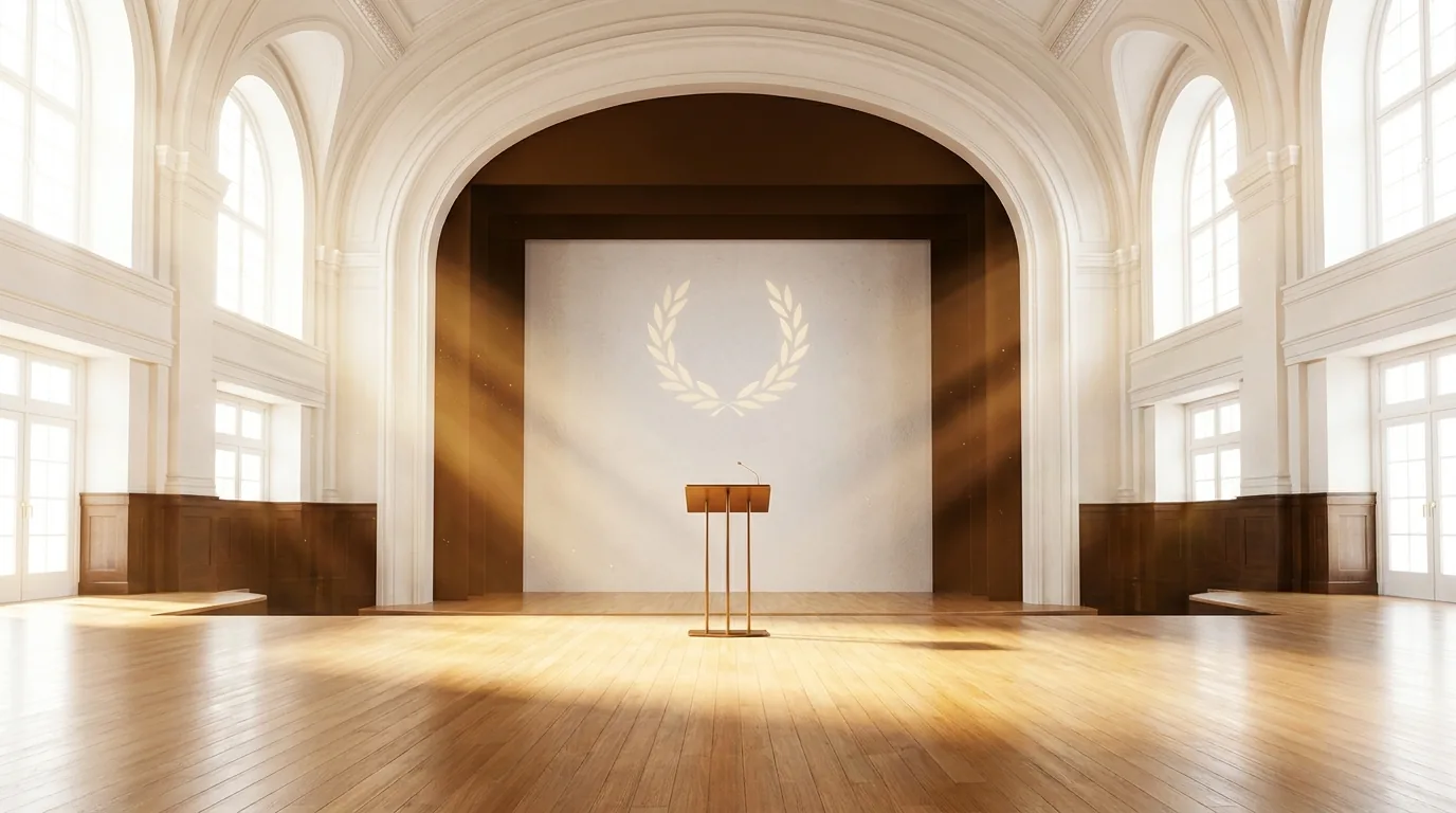 A bright awards stage with a bronze lectern under warm golden light