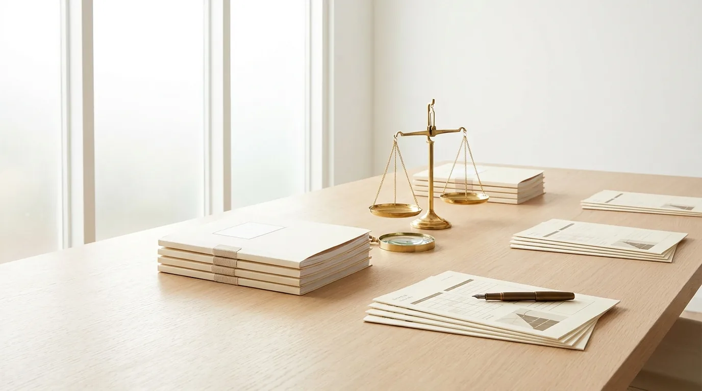 Evidence dossiers, a brass balance scale and scoring sheets on a bright boardroom table
