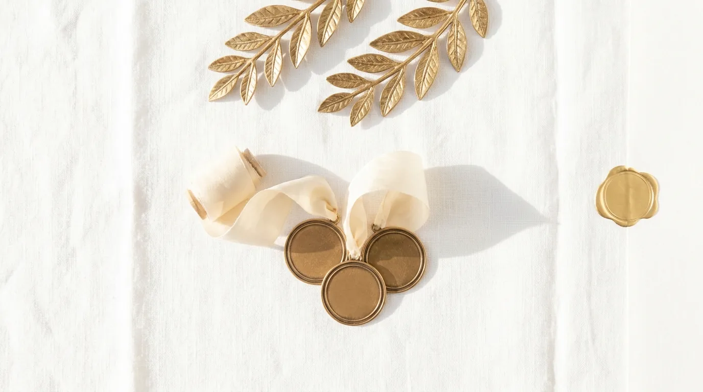 Golden laurel sprigs, medals and award ribbons arranged on white linen