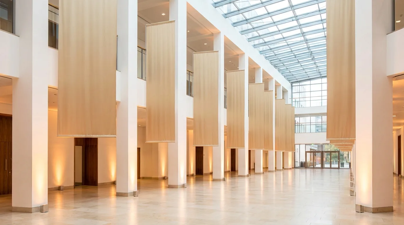 A bright hall with elegant blank banners and warm gold light