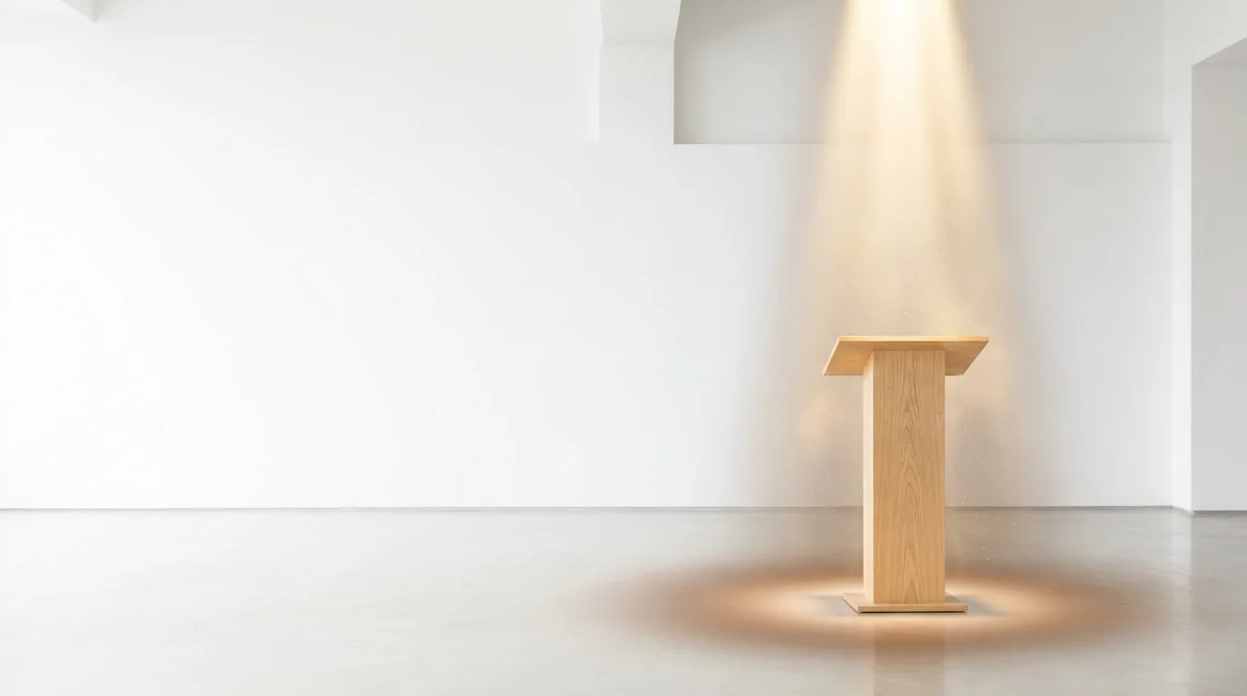 A bright stage podium bathed in rising golden light