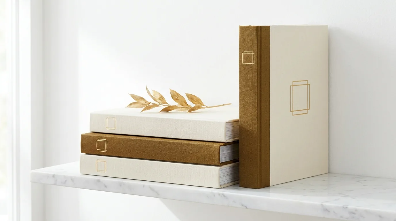 Hardcover publications with gold-foiled covers stacked in bright daylight