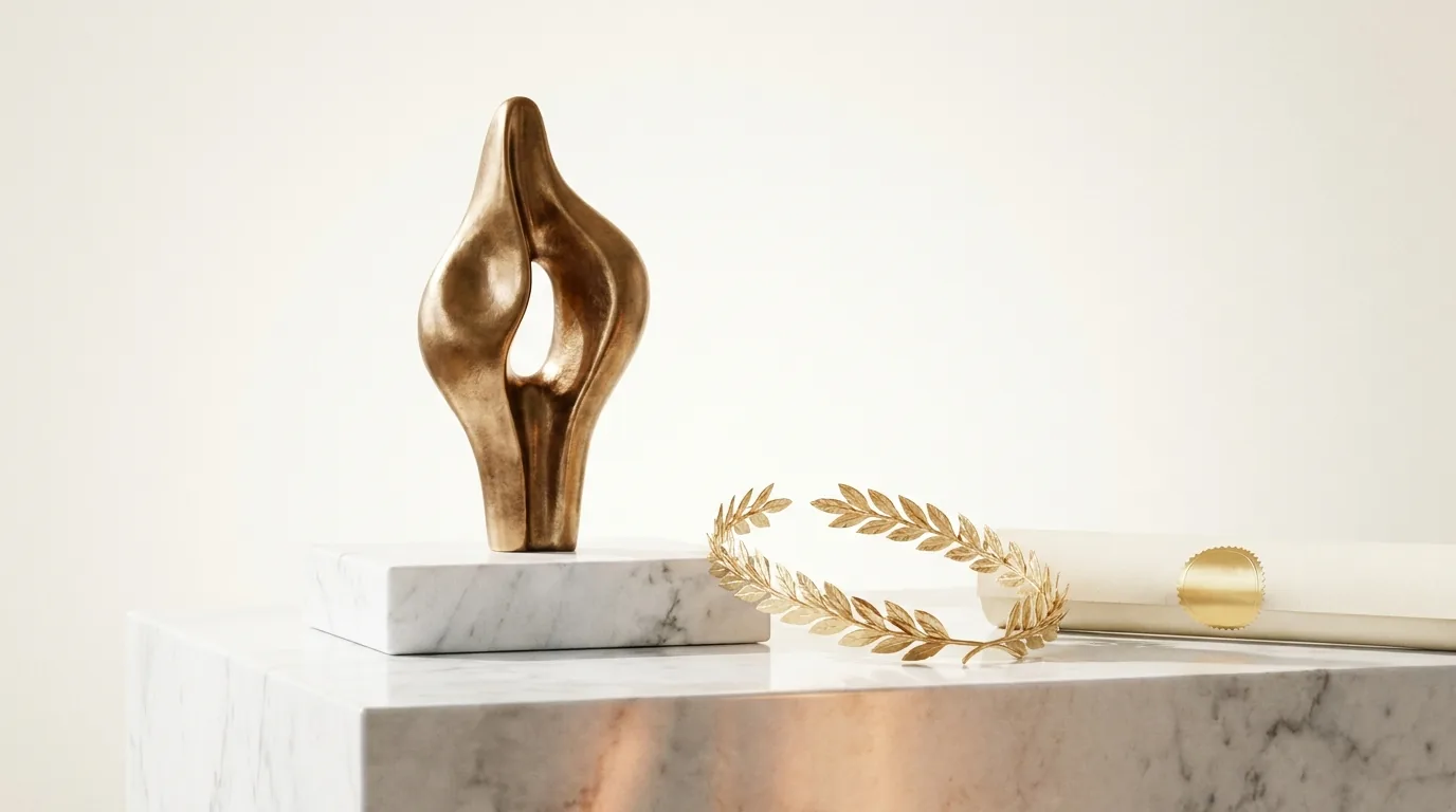 A sculptural bronze-gold trophy on a marble plinth beside a laurel wreath